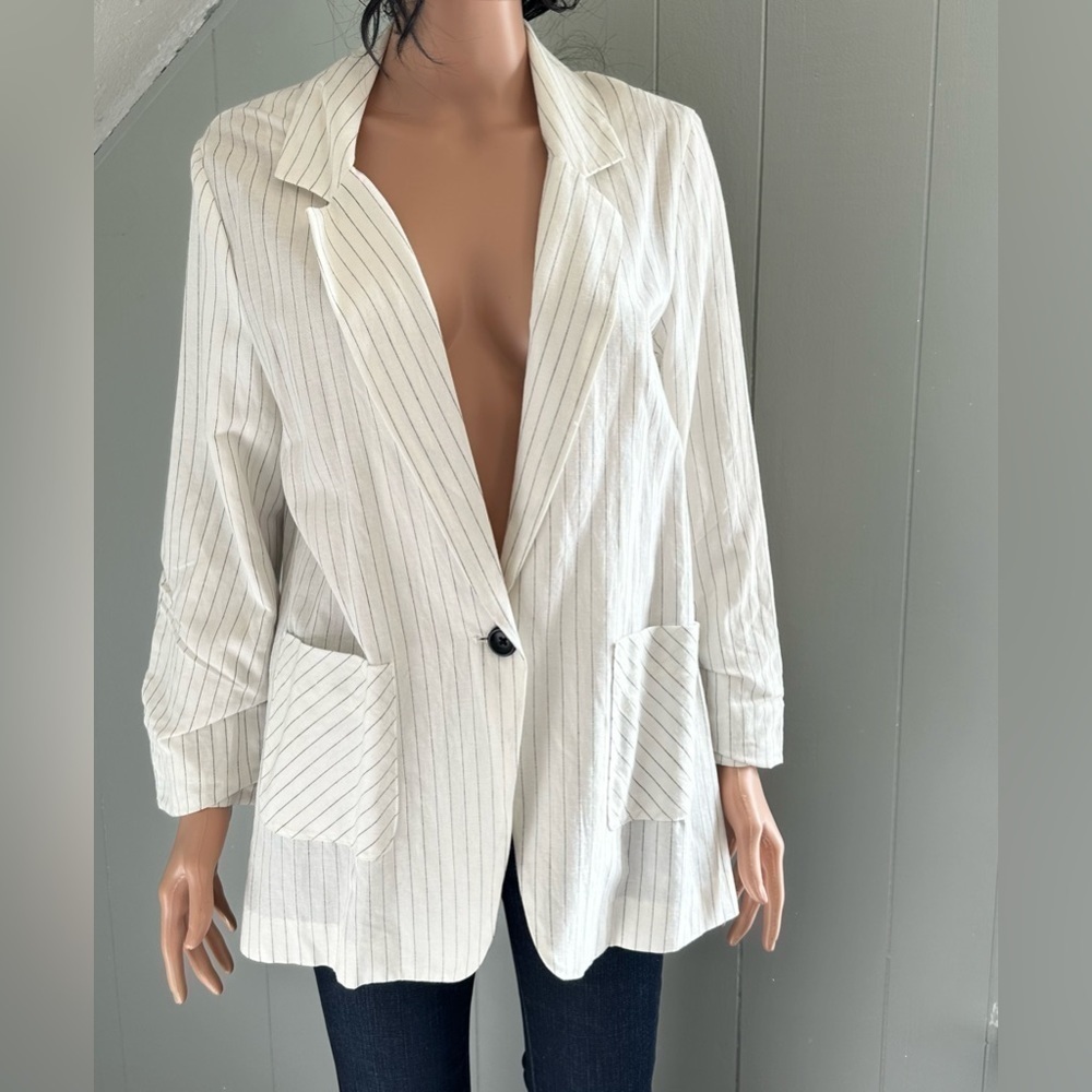 Drew Narrow Stripe Linen Blend Blazer White Lightweight Jacket Medium NWT - Picture 6 of 10